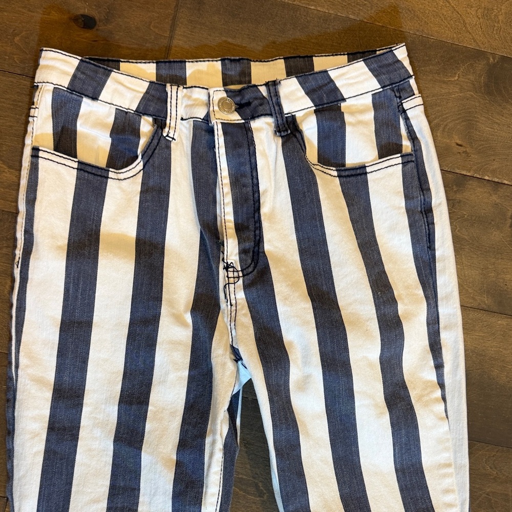 Altar'd State Blue and White Striped Flare Jeans - Picture 3 of 7